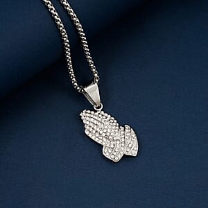 Austrian Crystal Praying Hands Pendant Necklace (22 Inches) in Stainless Steel