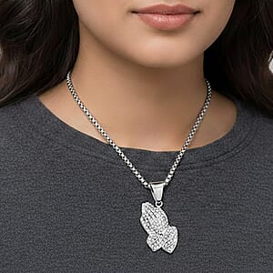 Austrian Crystal Praying Hands Pendant Necklace (22 Inches) in Stainless Steel