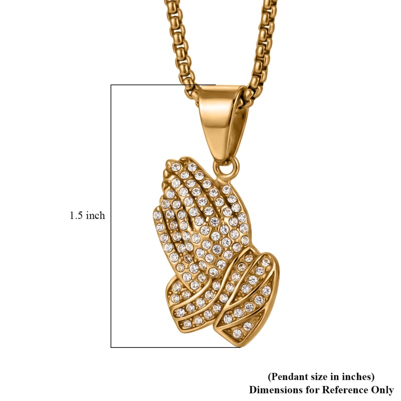 Austrian Crystal Praying Hands Pendant Necklace (22 Inches) in ION Plated YG Stainless Steel