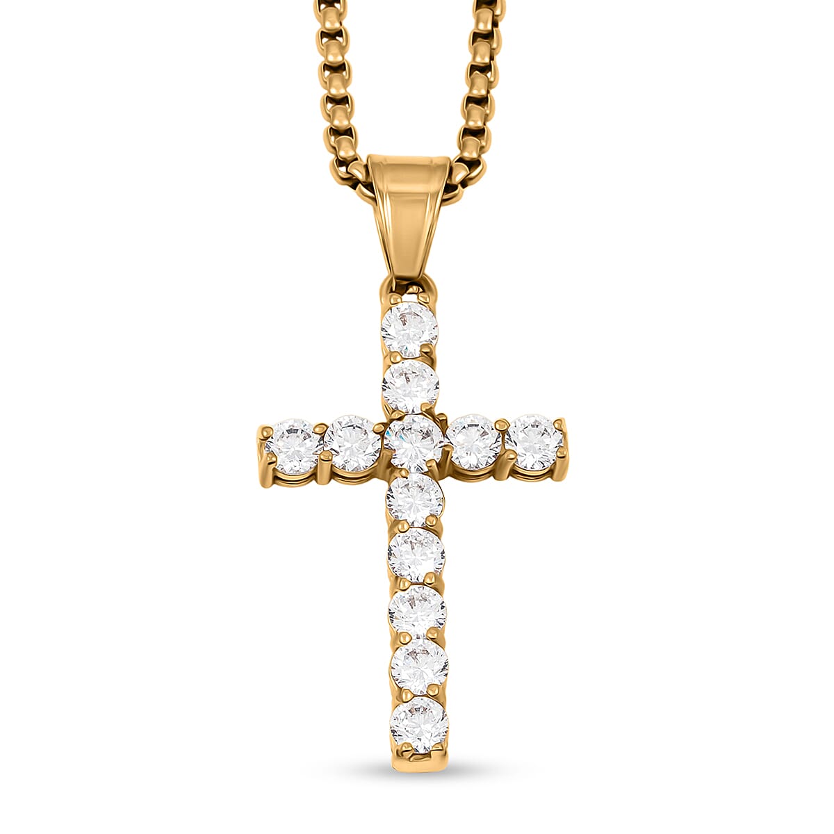 Simulated Diamond Cross Pendant Necklace (22 Inches) in ION Plated YG Stainless Steel