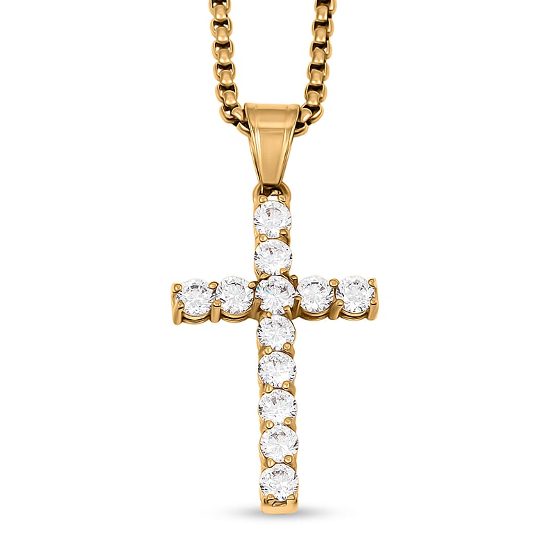 Simulated Diamond Cross Pendant Necklace (22 Inches) in ION Plated YG Stainless Steel