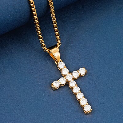Simulated Diamond Cross Pendant Necklace (22 Inches) in ION Plated YG Stainless Steel