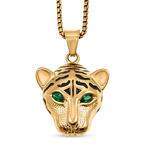 Simulated Green Diamond Panther Head Necklace (22 Inches) in ION Plated YG Stainless Steel