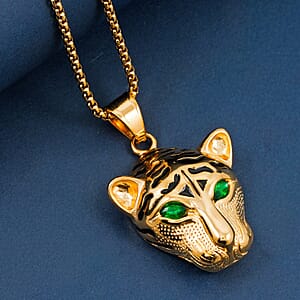 Simulated Green Diamond Panther Head Necklace (22 Inches) in ION Plated YG Stainless Steel