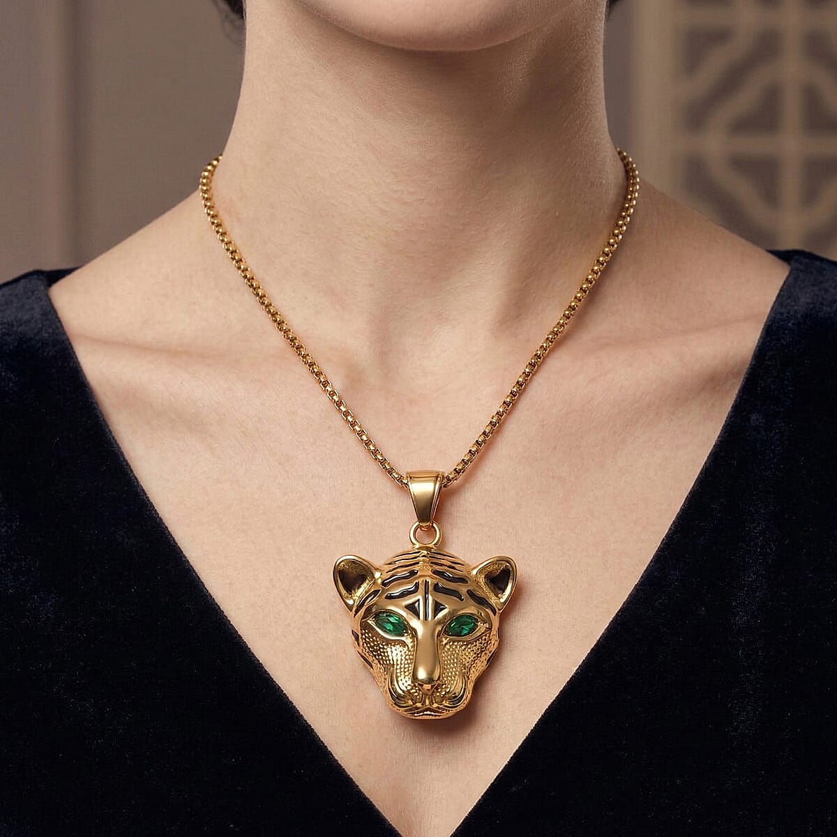 Simulated Green Diamond Panther Head Necklace (22 Inches) in ION Plated YG Stainless Steel image number 2