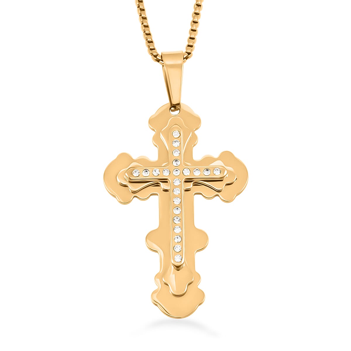 Austrian Crystal Studded Roman Cross Pendant Necklace in ION Plated YG Stainless Steel (22 Inches)