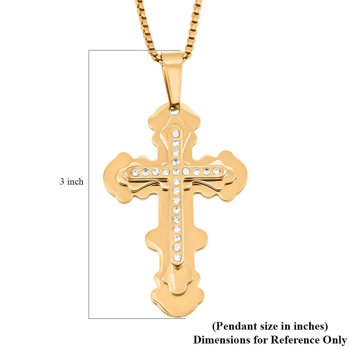 Austrian Crystal Studded Roman Cross Pendant Necklace in ION Plated YG Stainless Steel (22 Inches)