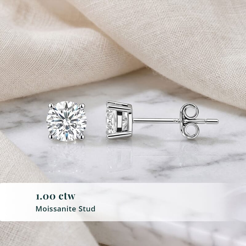Certified Moissanite (D-E, VVS1- VVS2) 1.00 ctw Stud Earrings in Sterling Silver