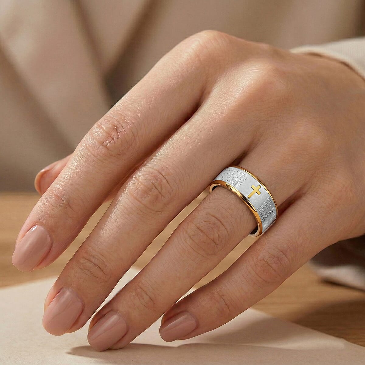 Line of Faith Cross Men's Ring in ION Plated YG and Stainless Steel (Size 10.0) image number 2