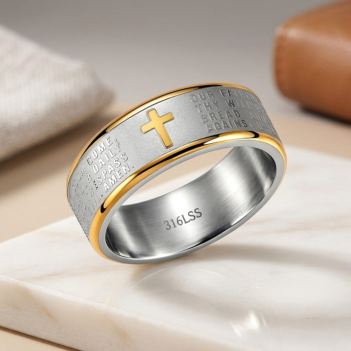 Line of Faith Cross Men's Ring in ION Plated YG and Stainless Steel (Size 13.0) image number 1