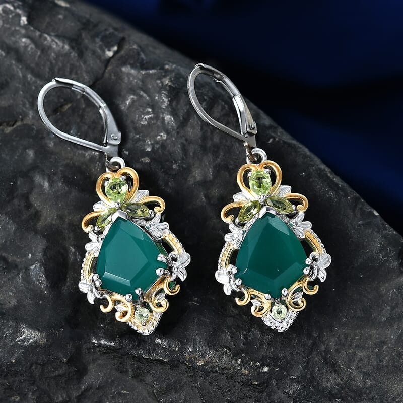 EverTrue Verde Onyx and Hebei Peridot 8.00 ctw Leaf Vine Earrings in 18K Yellow Gold Plated and Platinum Bond
