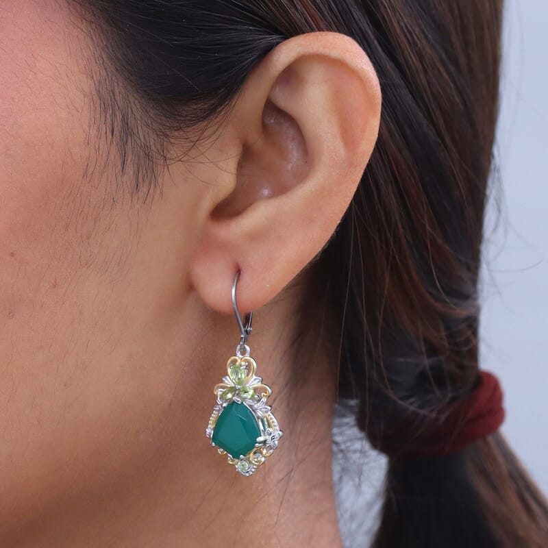 EverTrue Verde Onyx and Hebei Peridot 8.00 ctw Leaf Vine Earrings in 18K Yellow Gold Plated and Platinum Bond
