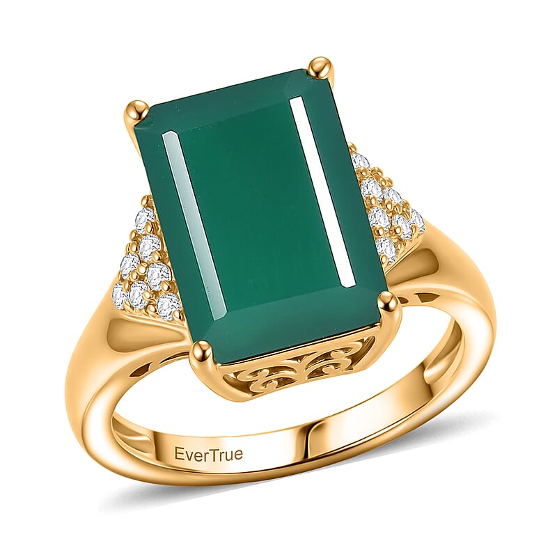 EverTrue Verde Onyx and White Zircon 7.50 ctw Octagon Frame Power Ring in 18K YG Plated (Size 10.0)