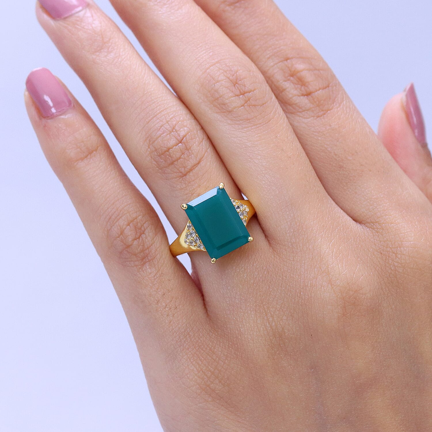 EverTrue Verde Onyx and White Zircon 7.50 ctw Octagon Frame Power Ring in 18K YG Plated (Size 11.0)