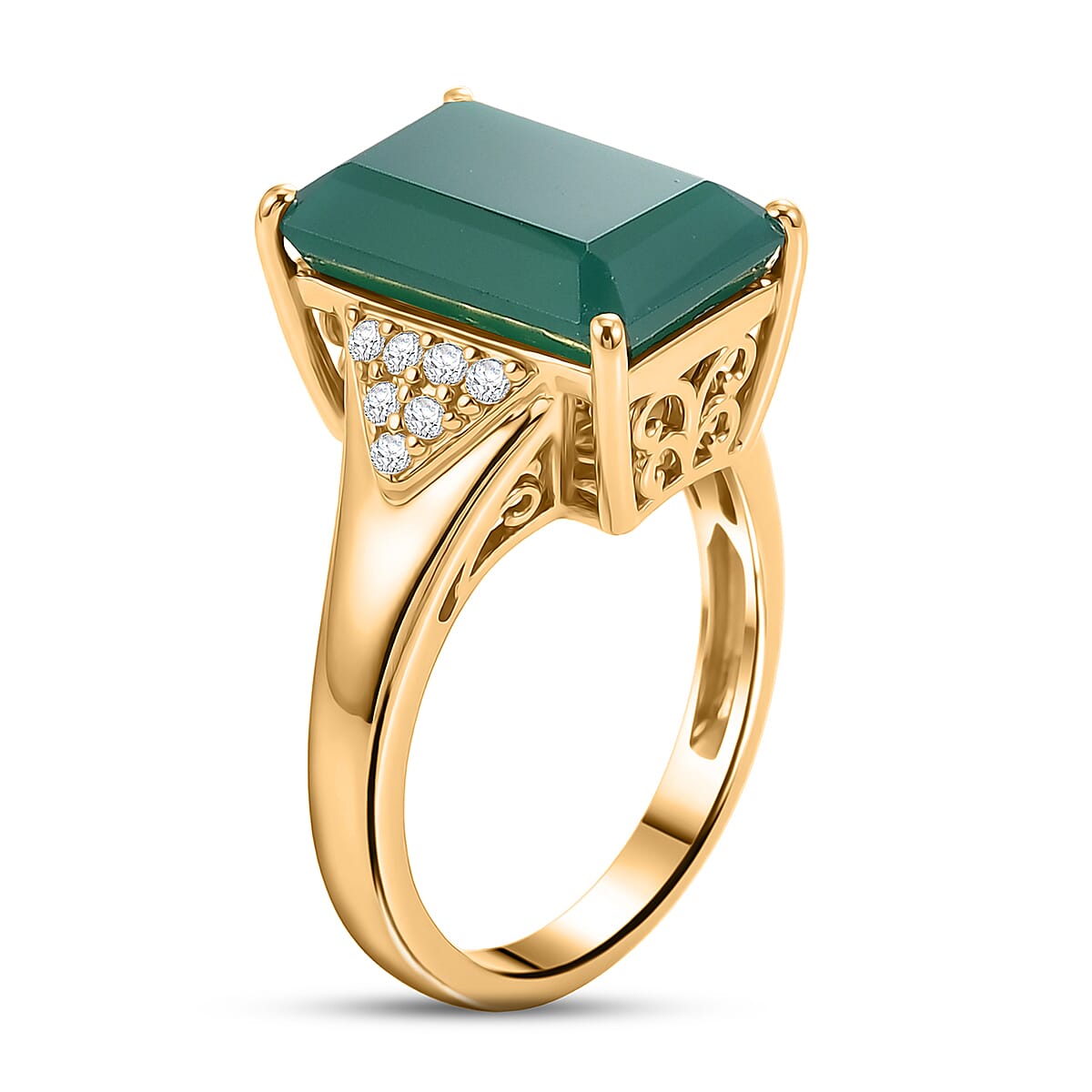 EverTrue Verde Onyx and White Zircon 7.50 ctw Octagon Frame Power Ring in 18K YG Plated (Size 11.0)