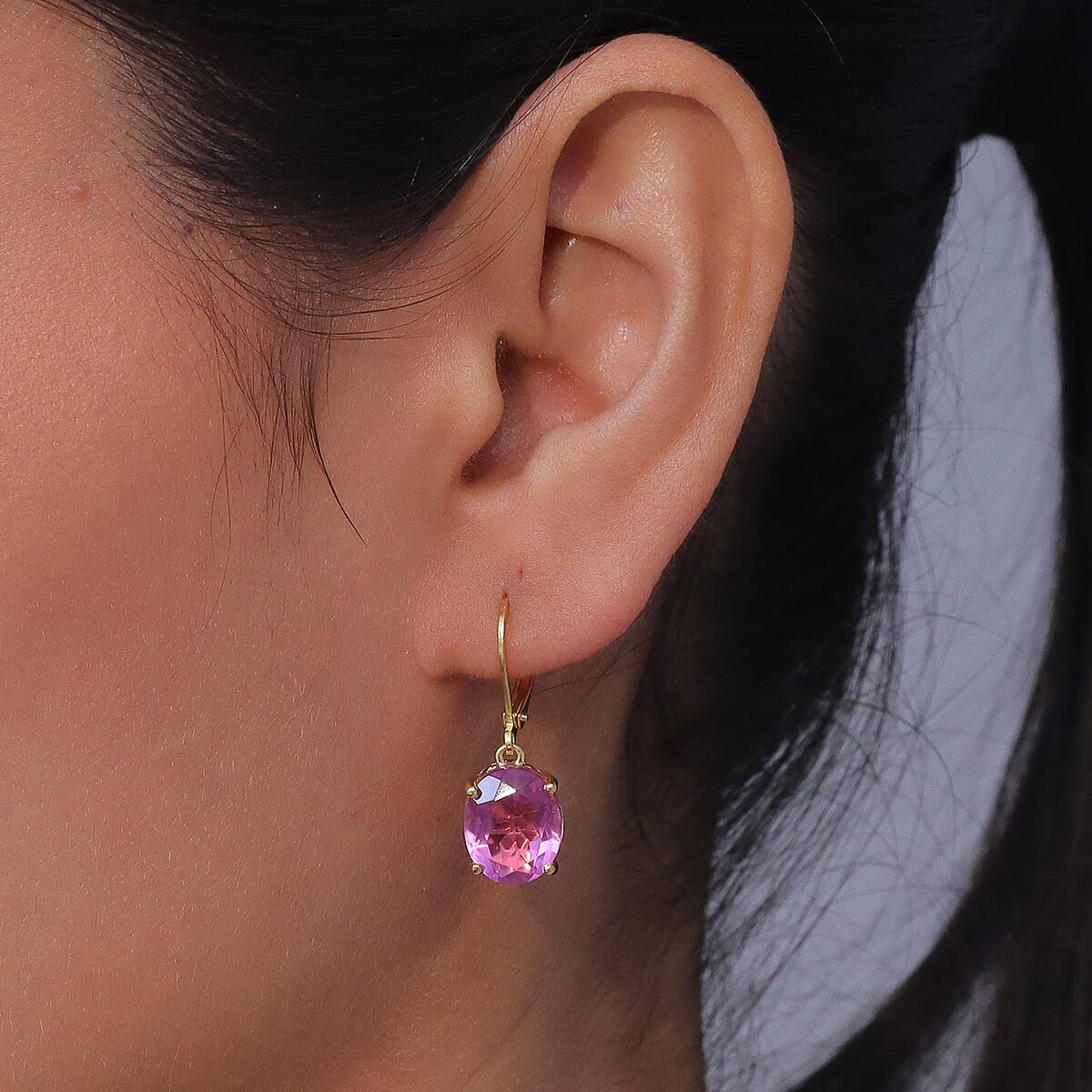 EverTrue African Lilac Quartz (Triplet) 8.25 ctw Solitaire Lever Back Earrings in 18K Yellow Gold Plated image number 2