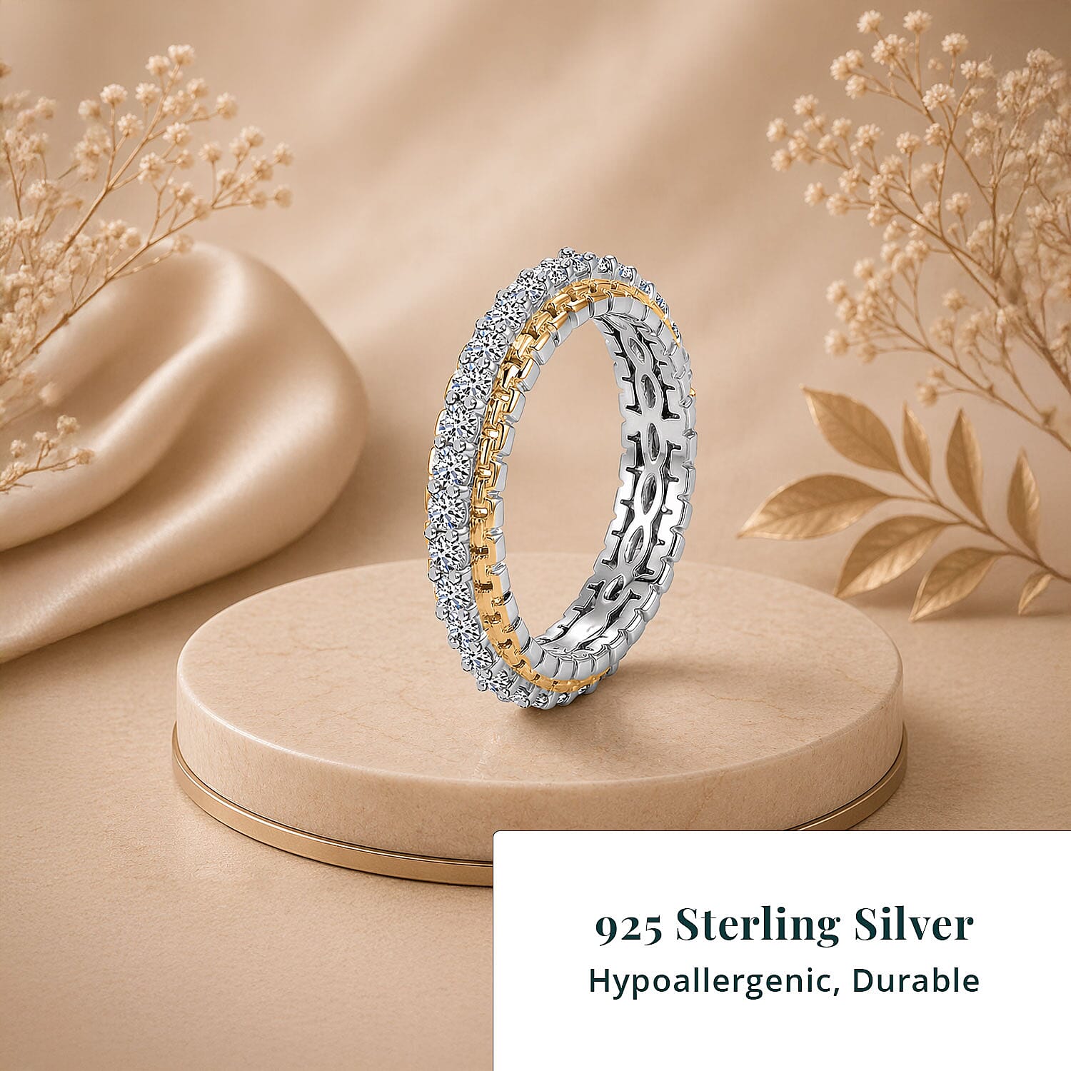 Luxuriant Lab Grown Diamond G-H SI 1.00 ctw Golden Glow Band Ring in 18K Vermeil YG and Rhodium Over Sterling Silver (Size 8.0)