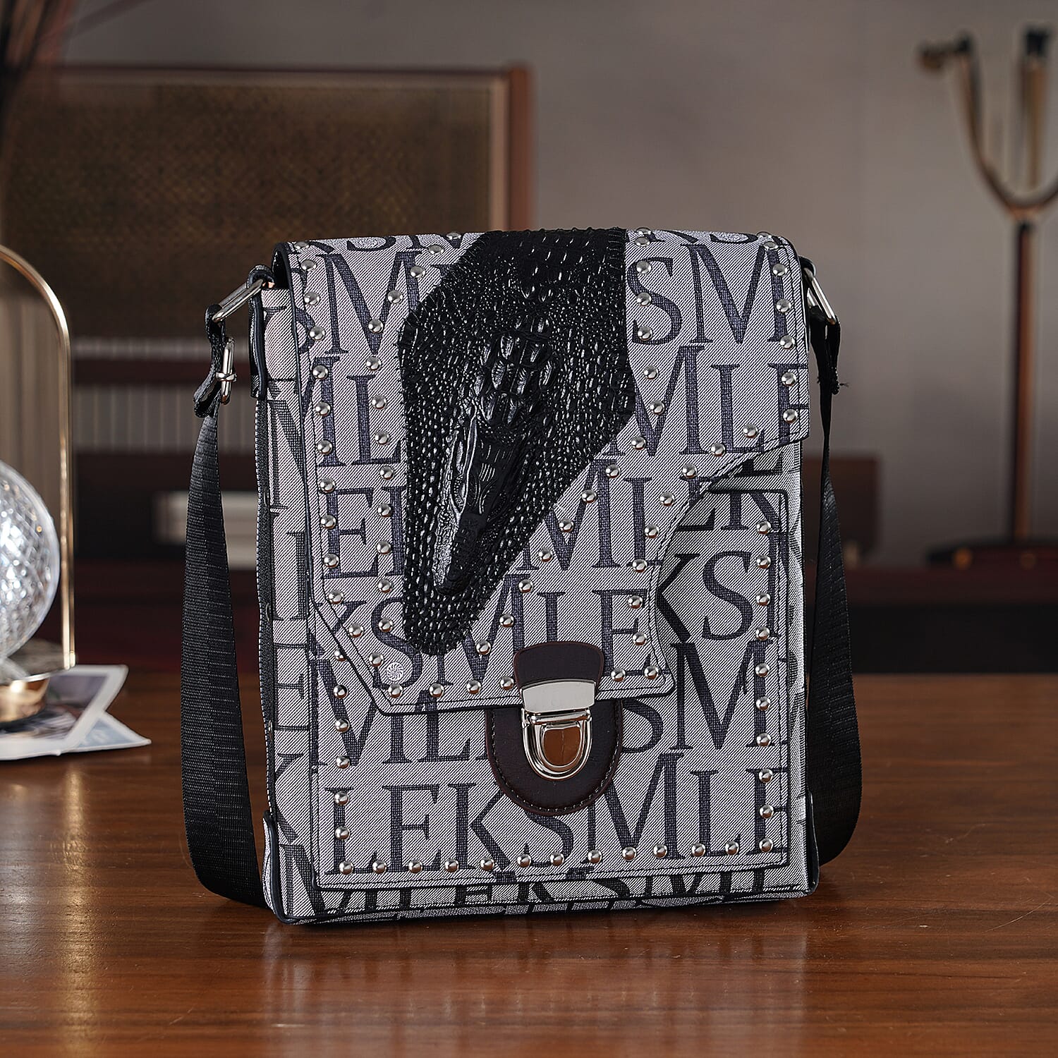 Passage Gray Letter Print Crossbody Bag with Shoulder Strap