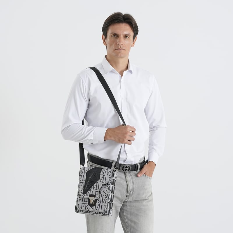 Passage Gray Letter Print Crossbody Bag with Shoulder Strap