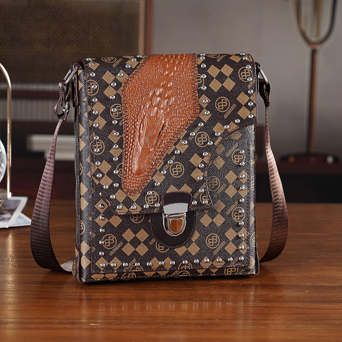 Passage Coffee Letter Print Crossbody Bag with Shoulder Strap image number 1