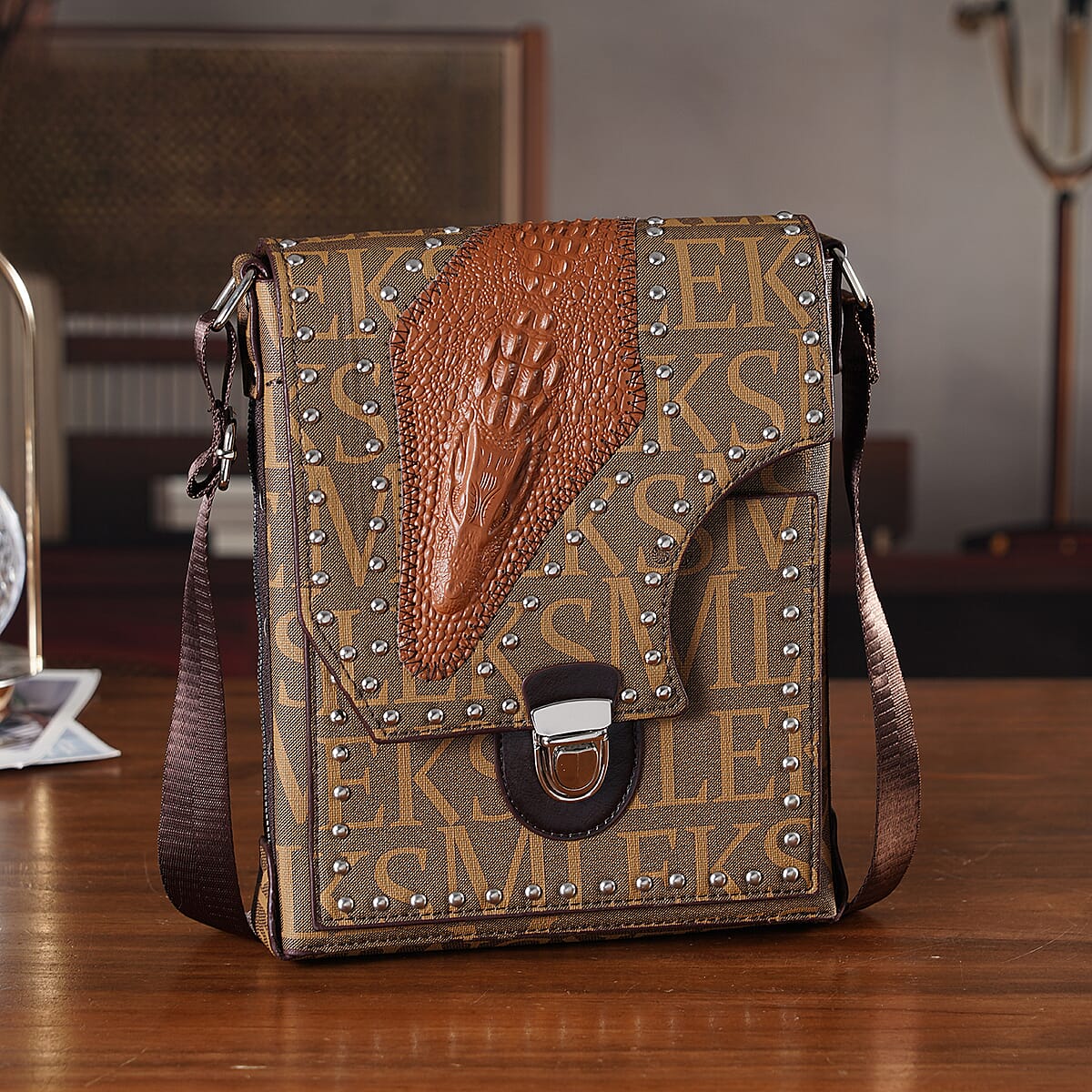 Passage Brown Letter Print Crossbody Bag with Shoulder Strap image number 1