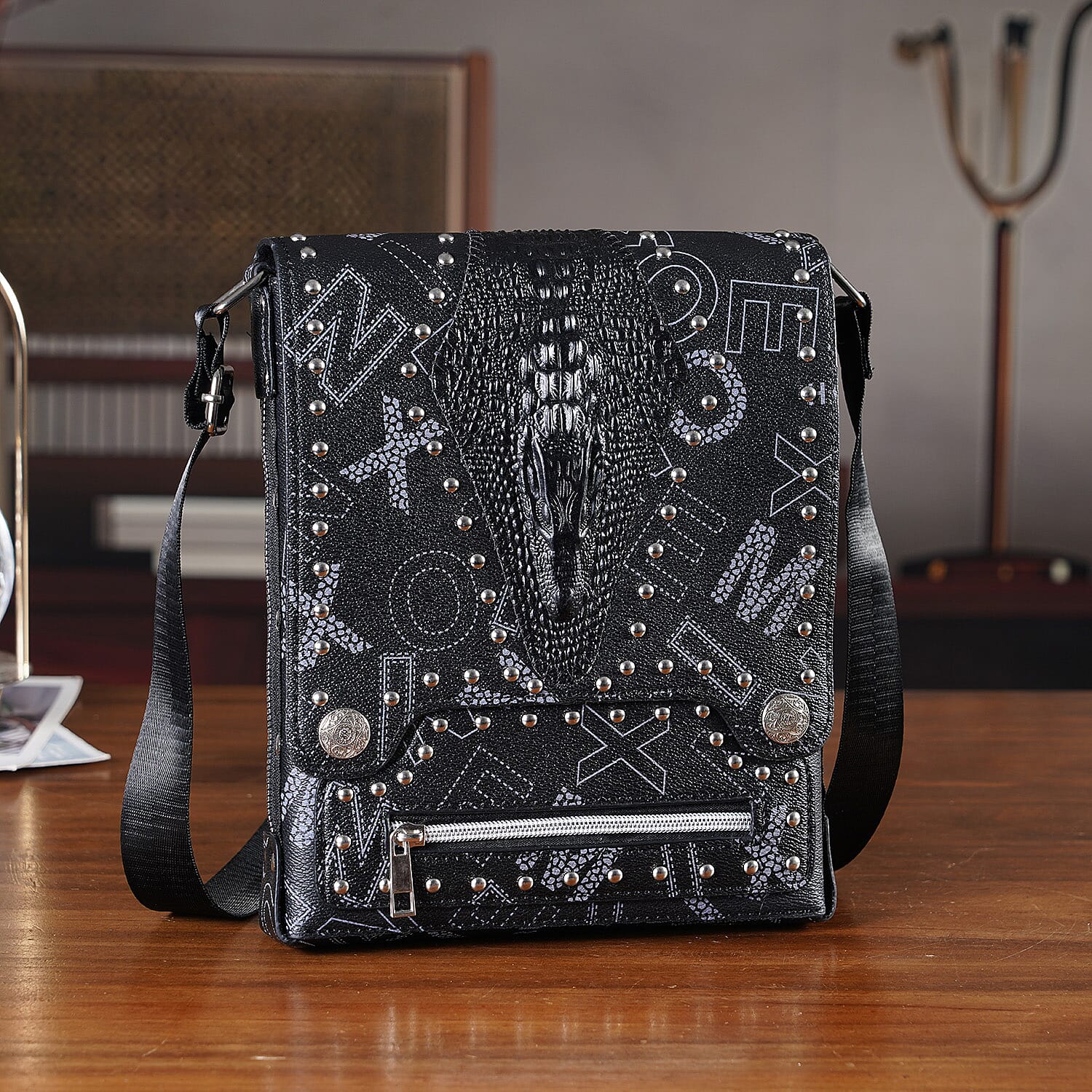 Passage Black Checkered Print Faux Leather Crossbody Bag with Shoulder Strap