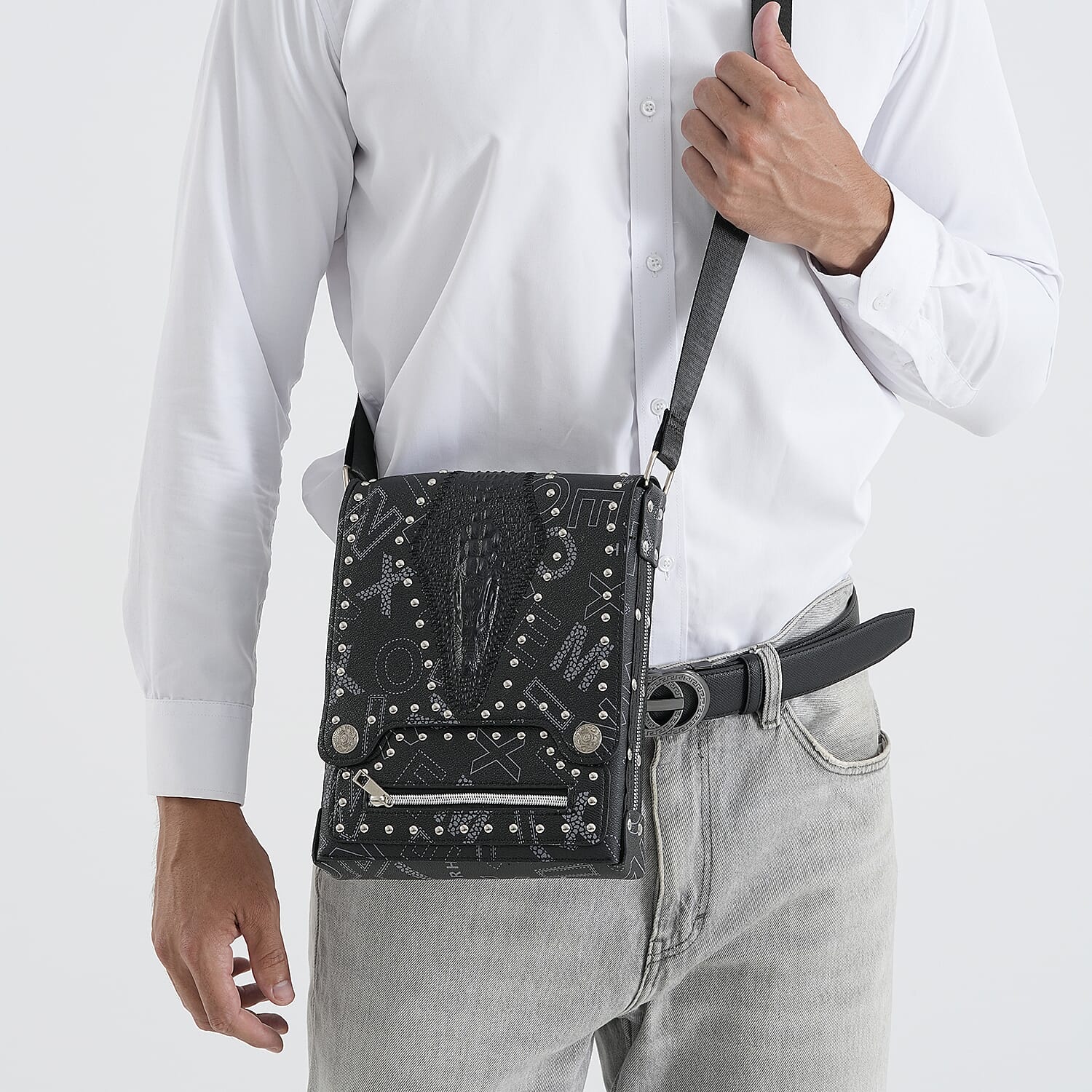 Passage Black Checkered Print Faux Leather Crossbody Bag with Shoulder Strap