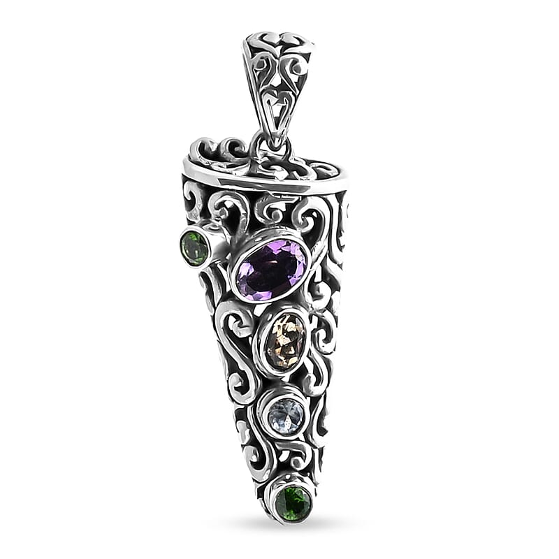 D'Joy Bali Legacy African Amethyst and Multi Gemstone 1.00 ctw Pendant Without Chain in Sterling Silver