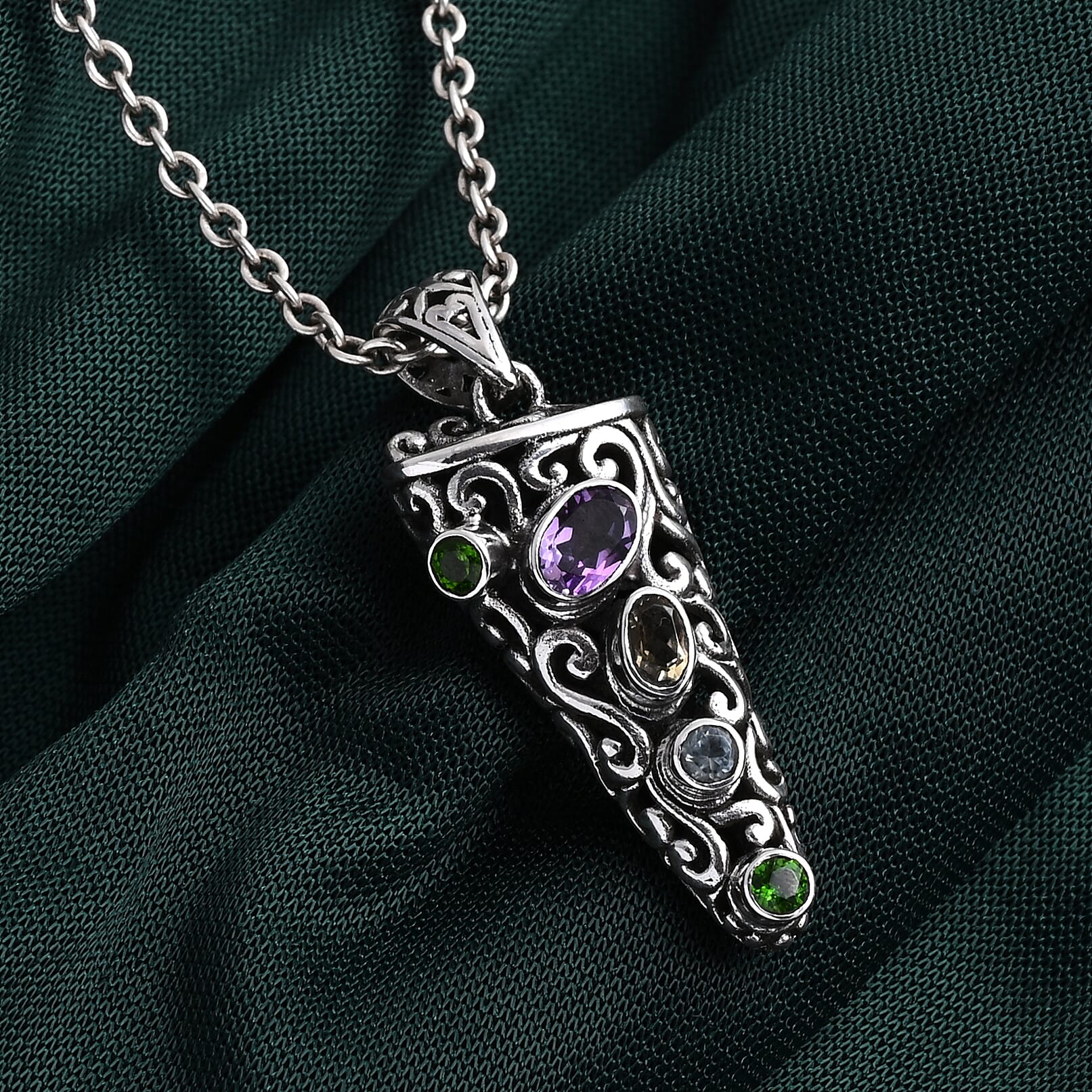 D'Joy Bali Legacy African Amethyst and Multi Gemstone 1.00 ctw Pendant Without Chain in Sterling Silver