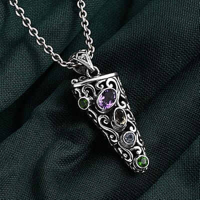 D'Joy Bali Legacy African Amethyst and Multi Gemstone 1.00 ctw Pendant Without Chain in Sterling Silver