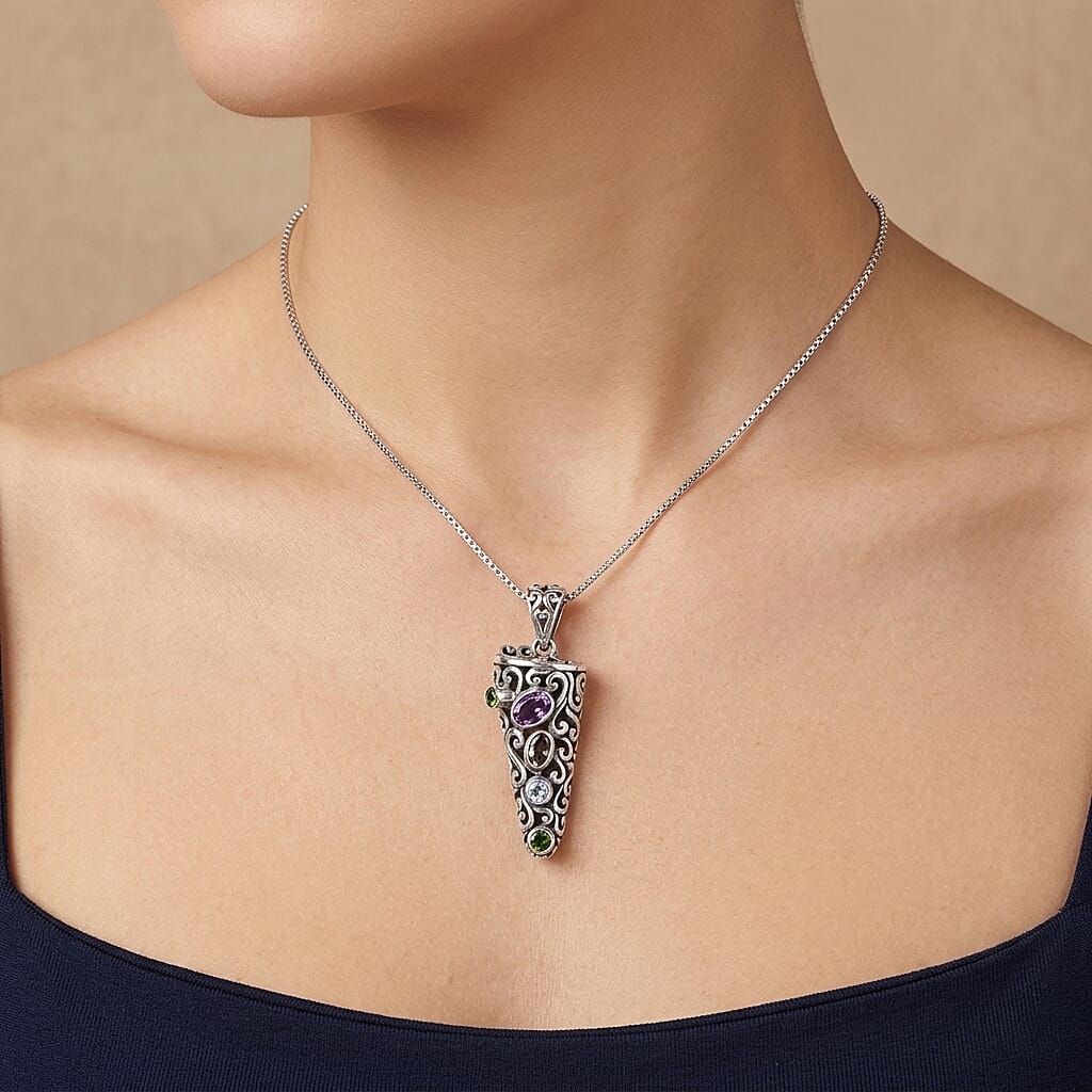 D'Joy Bali Legacy African Amethyst and Multi Gemstone 1.00 ctw Pendant Without Chain in Sterling Silver