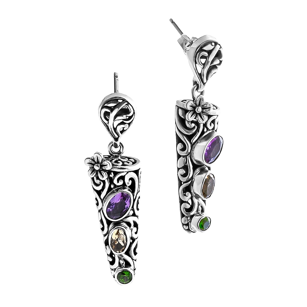 D'Joy Bali Legacy African Amethyst and Multi Gemstone 1.50 ctw Earrings in Sterling Silver