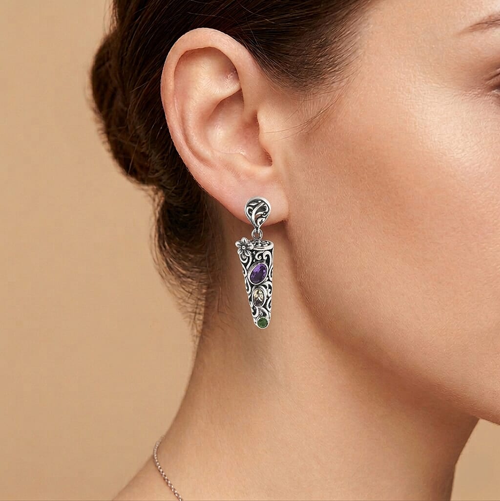 D'Joy Bali Legacy African Amethyst and Multi Gemstone 1.50 ctw Earrings in Sterling Silver