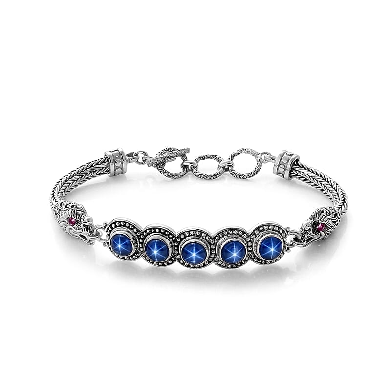 D'Joy Bali Legacy Blue Star Sapphire (DF) and Orissa Rhodolite Garnet 7.90 ctw Dragon Bracelet in Sterling Silver (6.50-8.0In)