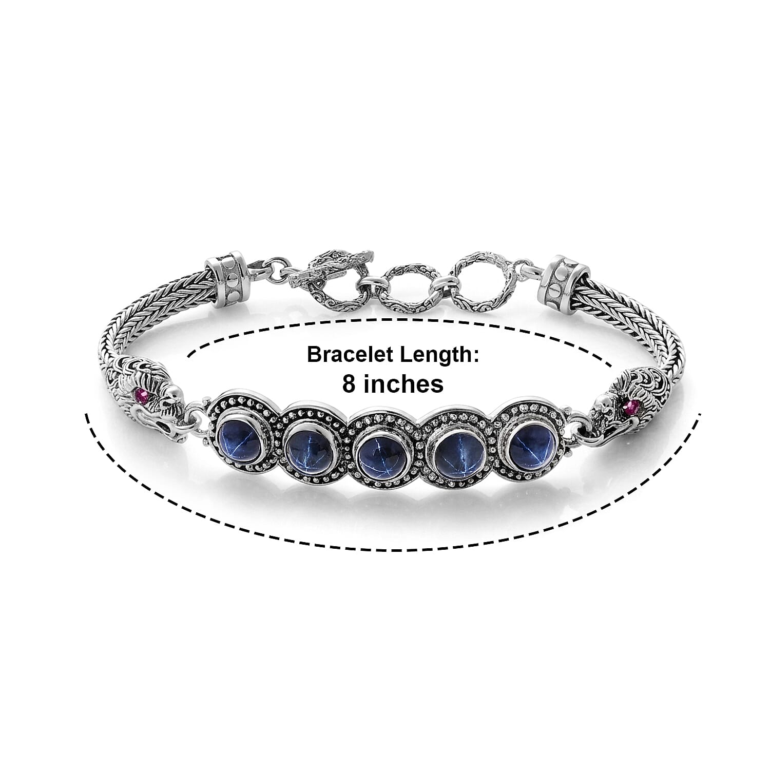 D'Joy Bali Legacy Blue Star Sapphire (DF) and Orissa Rhodolite Garnet 7.90 ctw Dragon Bracelet in Sterling Silver (6.50-8.0In)