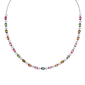 D'Joy Premium Multi-Tourmaline and Moissanite 13.30 ctw Line Necklace in Rhodium Over Sterling Silver (18 Inches) (Del. In 10-12 Days)