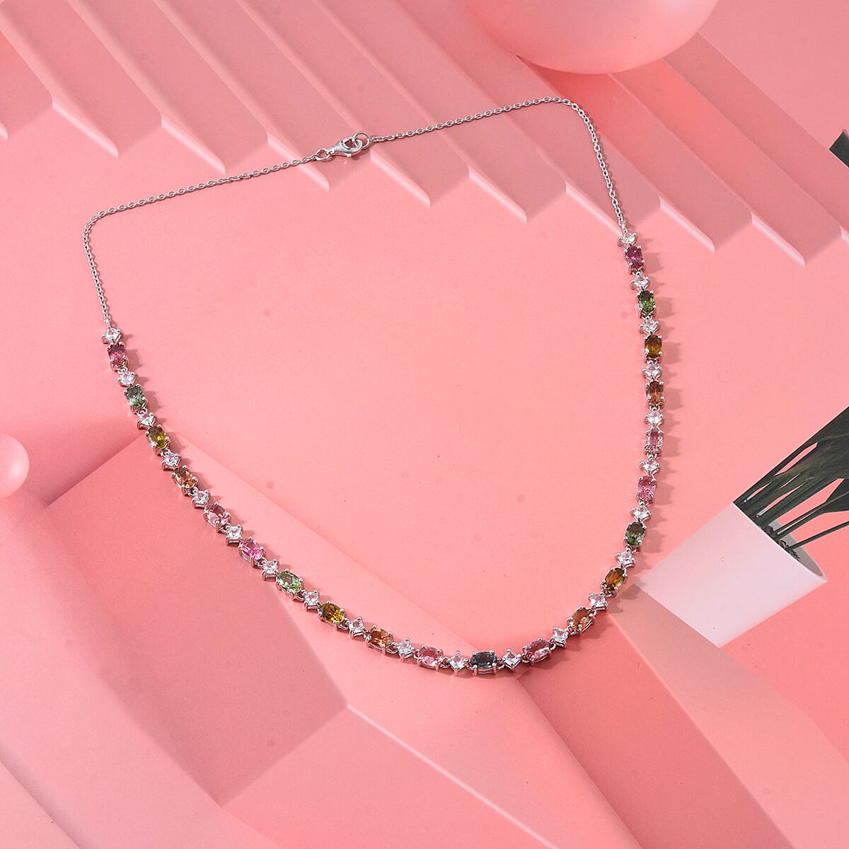 D'Joy Premium Multi-Tourmaline and Moissanite 13.30 ctw Line Necklace in Rhodium Over Sterling Silver (18 Inches) (Del. In 10-12 Days) image number 1