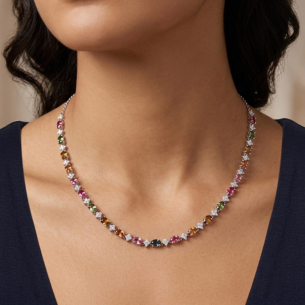 D'Joy Premium Multi-Tourmaline and Moissanite 13.30 ctw Line Necklace in Rhodium Over Sterling Silver (18 Inches) (Del. In 10-12 Days) image number 2