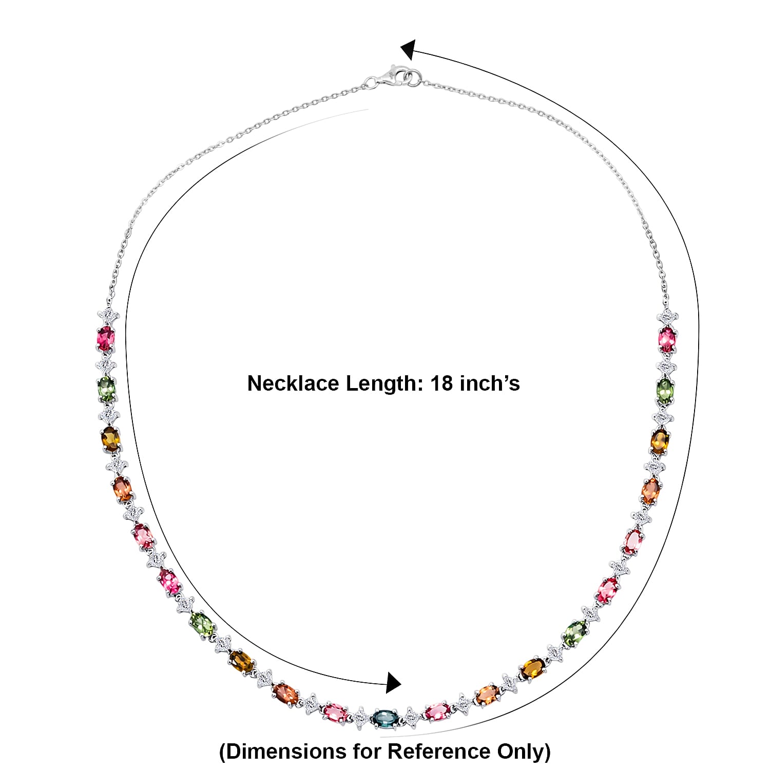 D'Joy Premium Multi-Tourmaline and White Zircon 13.00 ctw Line Necklace in Rhodium Over Sterling Silver 18 Inches