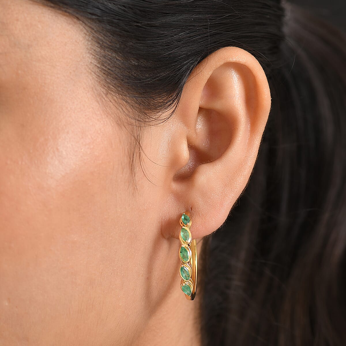 D'Joy Premium Kagem Zambian Emerald 1.30 ctw Crown Line Earrings in 18K Vermeil Yellow Gold Over Sterling Silver image number 2