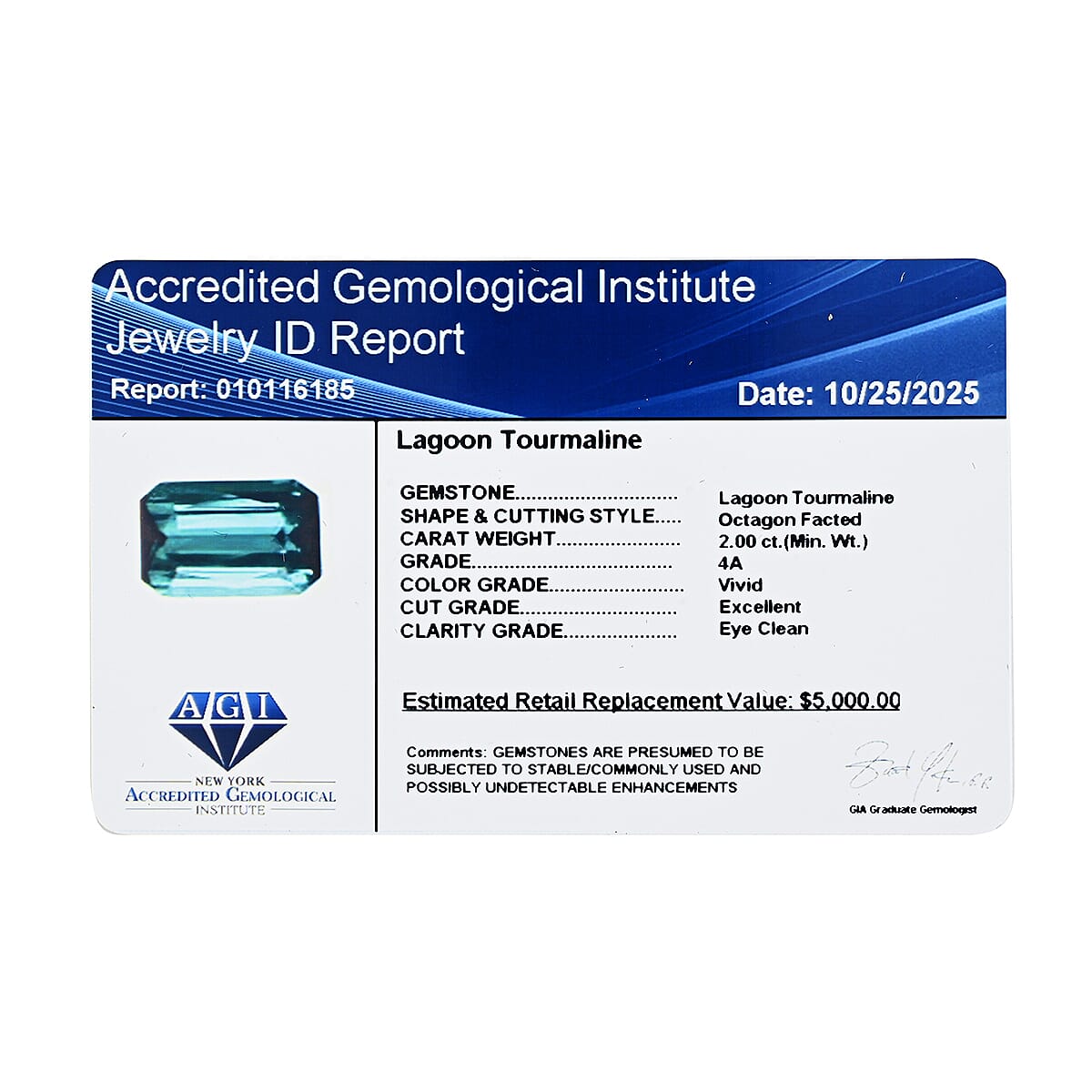 Certified & Appraised AAAA Lagoon Tourmaline (Bgt Free Size) 2.00 ctw image number 5