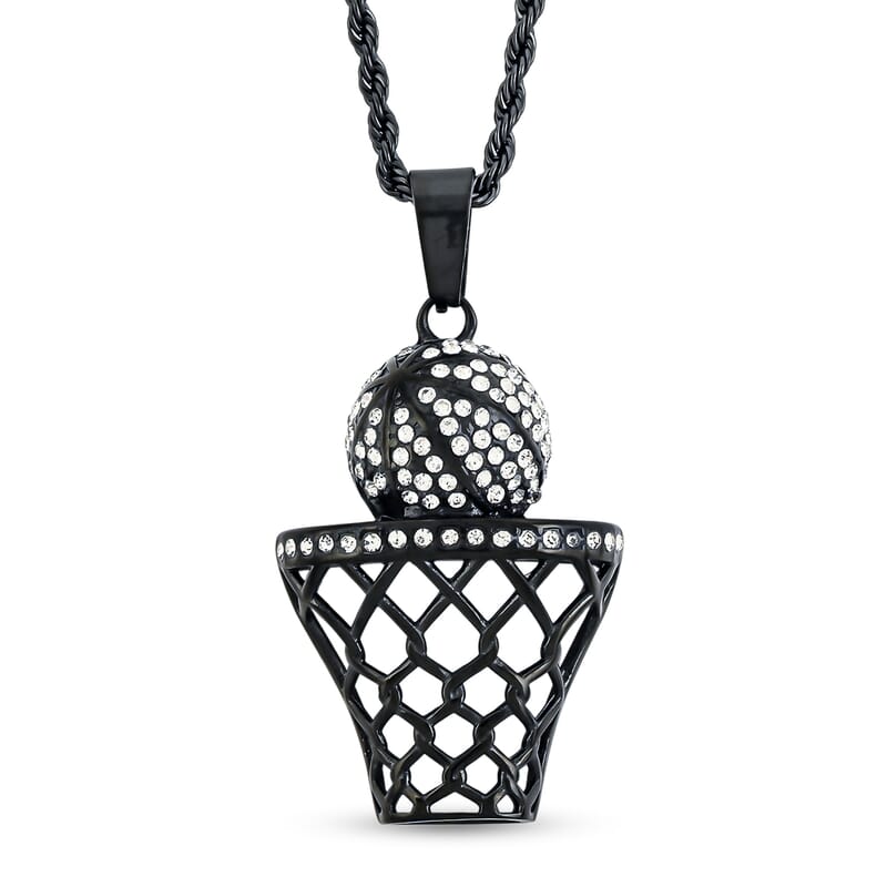 Austrian Crystal Slam Dunk Basketball Pendant Necklace (22 Inches) in ION Plated Black Stainless Steel