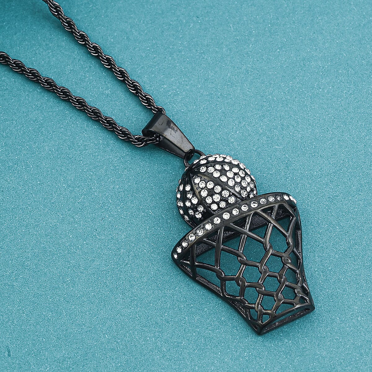 Austrian Crystal Slam Dunk Basketball Pendant Necklace (22 Inches) in ION Plated Black Stainless Steel image number 1