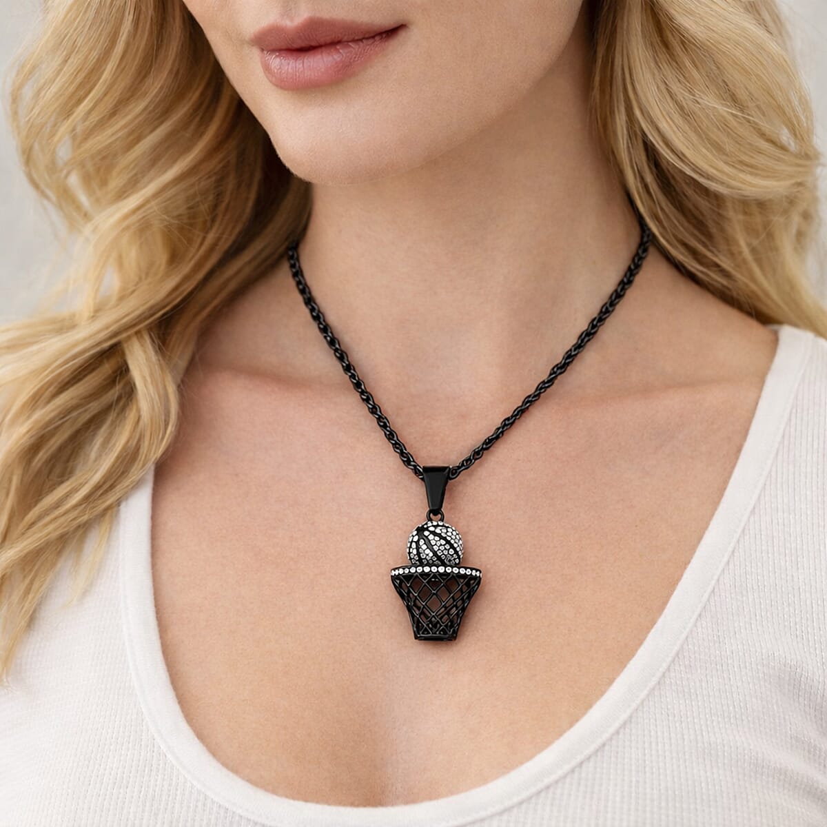 Austrian Crystal Slam Dunk Basketball Pendant Necklace (22 Inches) in ION Plated Black Stainless Steel image number 2