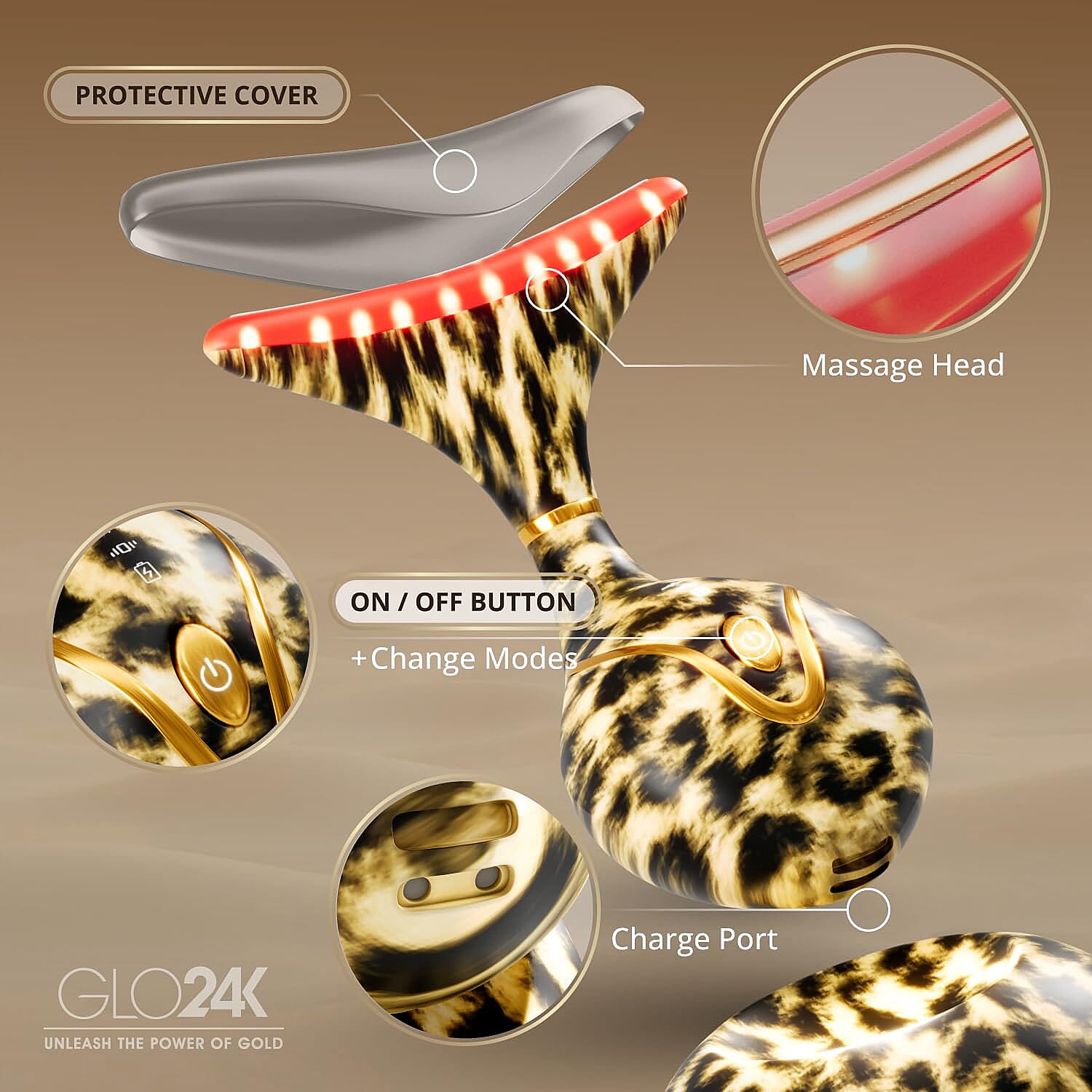 GLO24K 7 Color Cheetah Print LED Neck & Face Massager Deluxe (Lifetime Warranty)