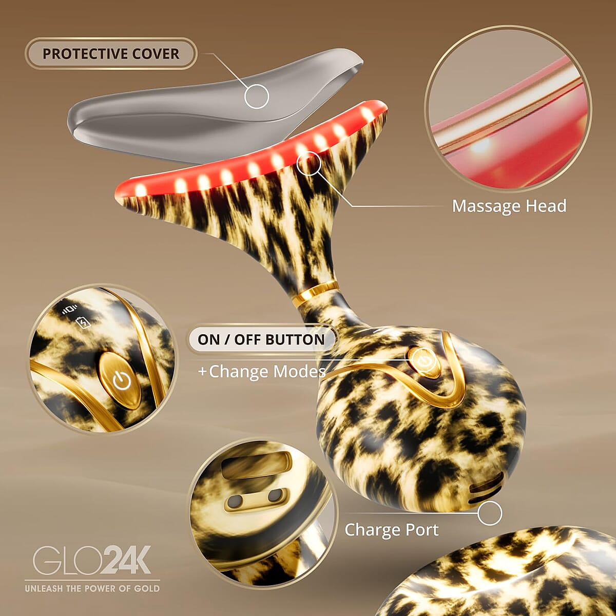 GLO24K 7 Color Cheetah Print LED Neck & Face Massager Deluxe (Lifetime Warranty) image number 2