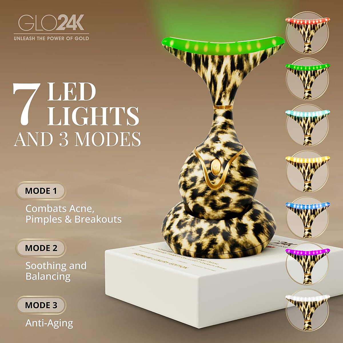 GLO24K 7 Color Cheetah Print LED Neck & Face Massager Deluxe (Lifetime Warranty) image number 3