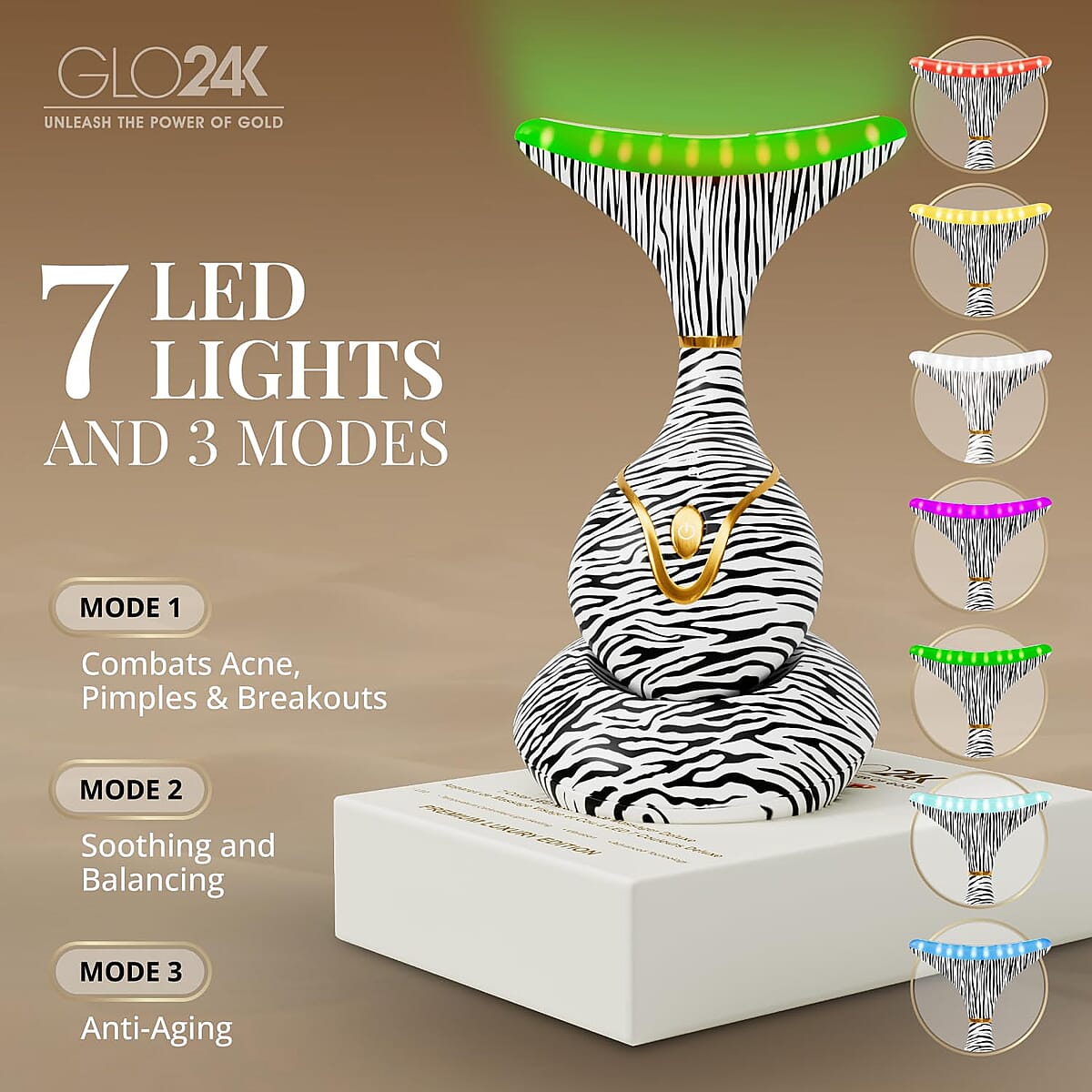 GLO24K 7 Color Zebra Print LED Neck & Face Massager Deluxe (Lifetime Warranty) image number 2