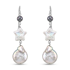 Freshwater White and Peacock Pearl Dangle Earrings in Sterling Silver