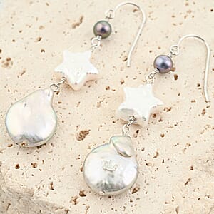 Freshwater White and Peacock Pearl Dangle Earrings in Sterling Silver